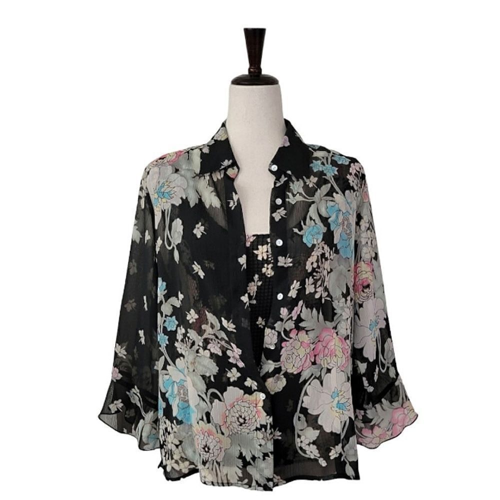 Vintage Nicola Black Floral Sheer Button Down Blouse With Matching Shell Size M - Picture 2 of 9